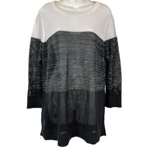 T by Talbots Womens White Black Loose Knit Long Sleeve Cotton Blend Sweater sz L